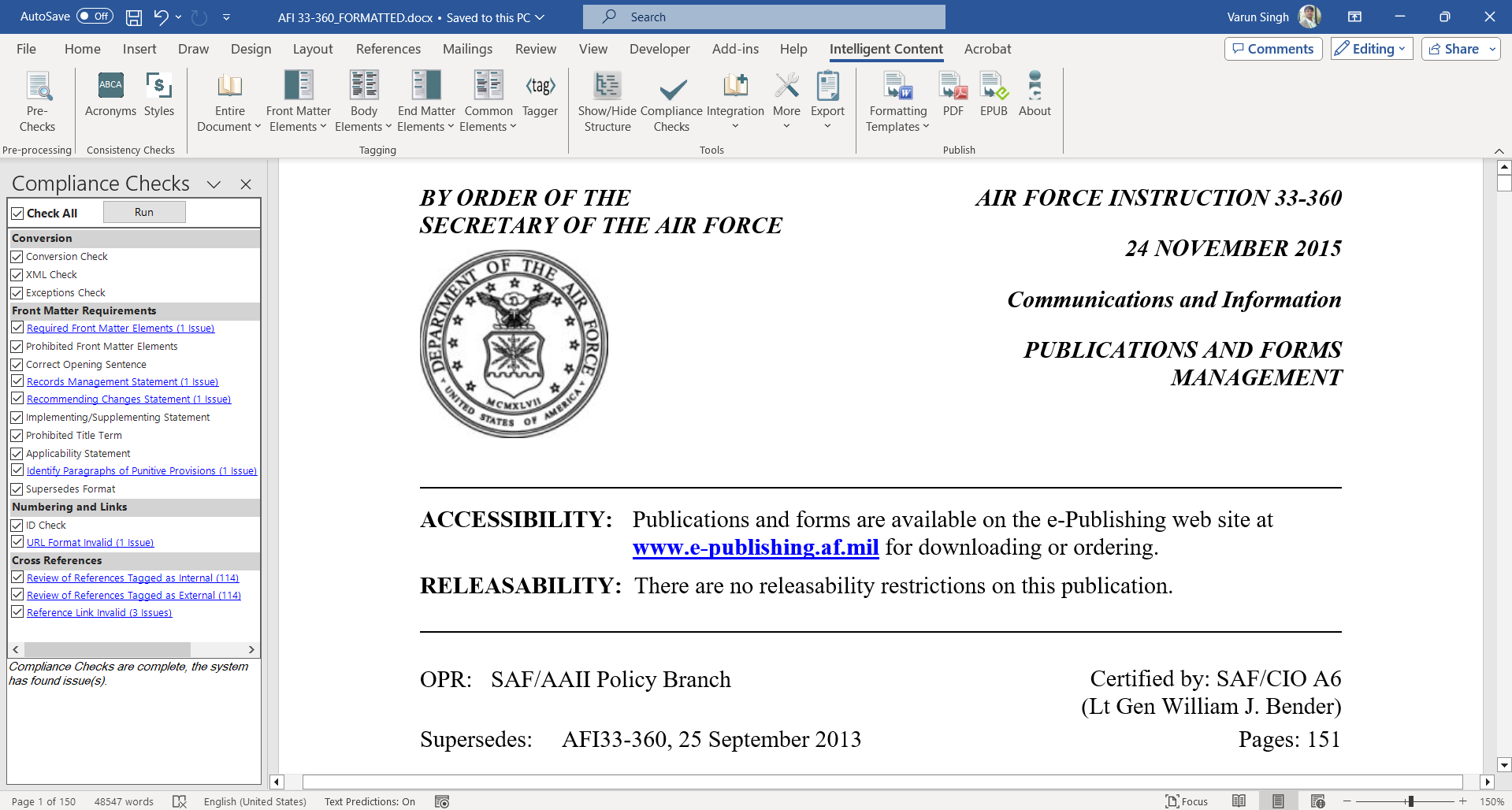 AF Microsoft Word Document with Intelligent Content plugin open.